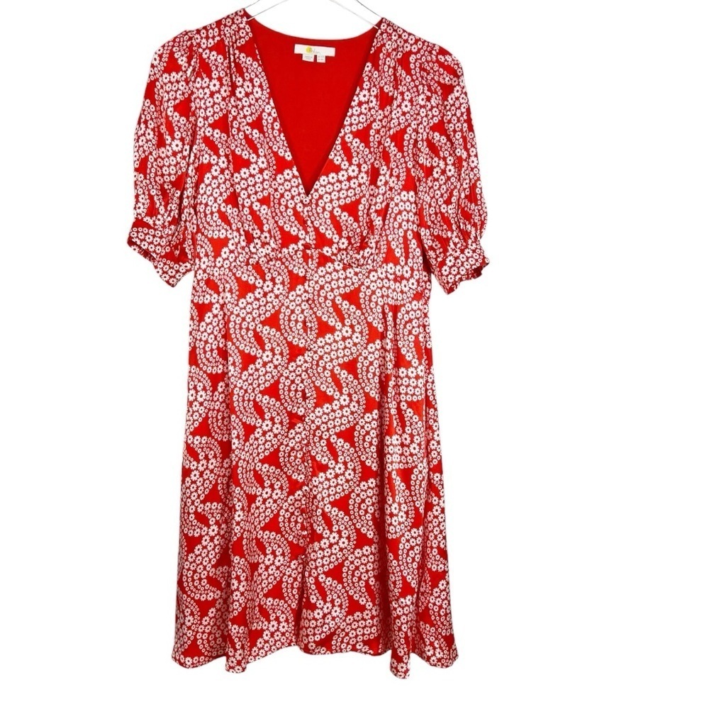 BODEN Red and White Micro Floral Satin Tea Dress Size 8